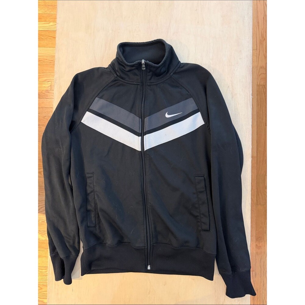 Nike Black Track Jacket with Gray and White Chevron Panels
